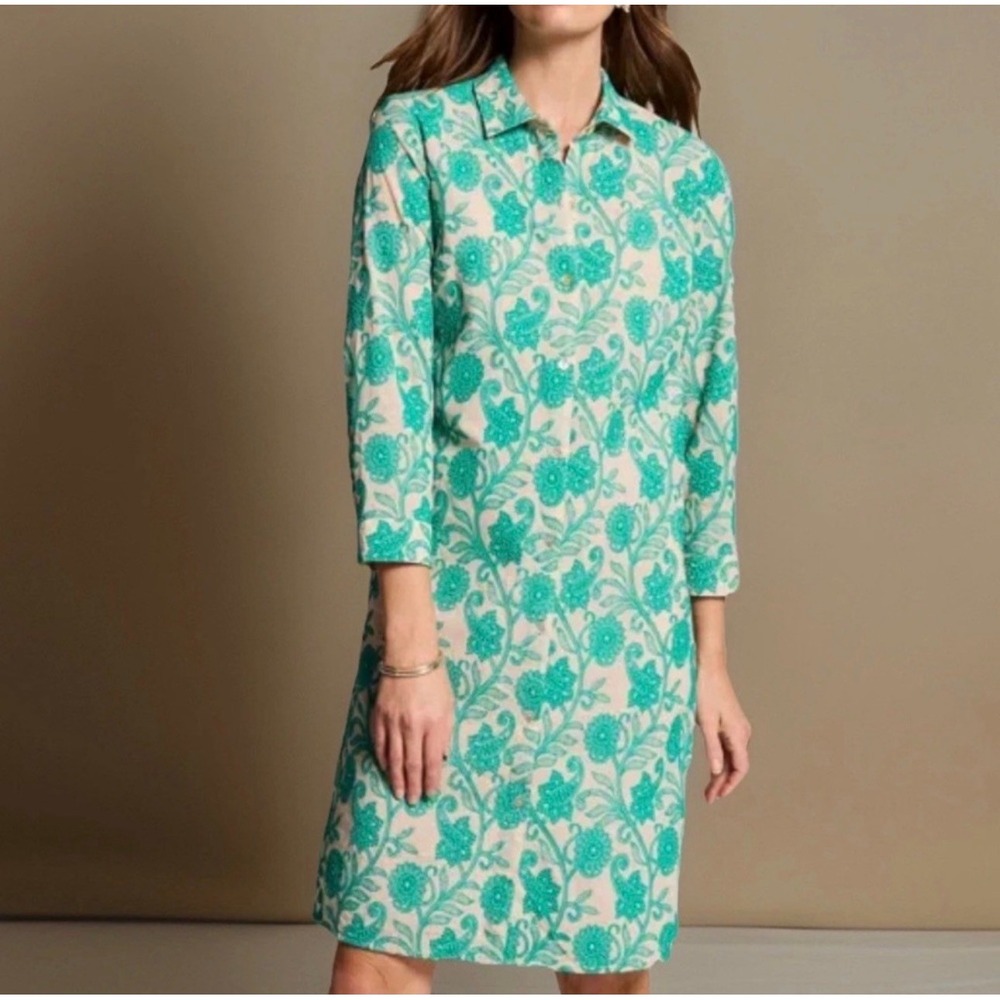 J. Jill Dress French Cream Aquamarine Floral Embroidered Shirt M Medium Petite